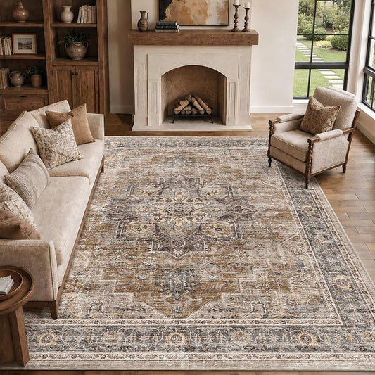 8x10 Area Rug for Living Room Large Washable Vintage Area Rug | Non-Slip, Retro Print, Low Pile, Stain Resistant Carpet, Soft Washable Brown Area Rug, for Bedroom, Dining Room, Home Office