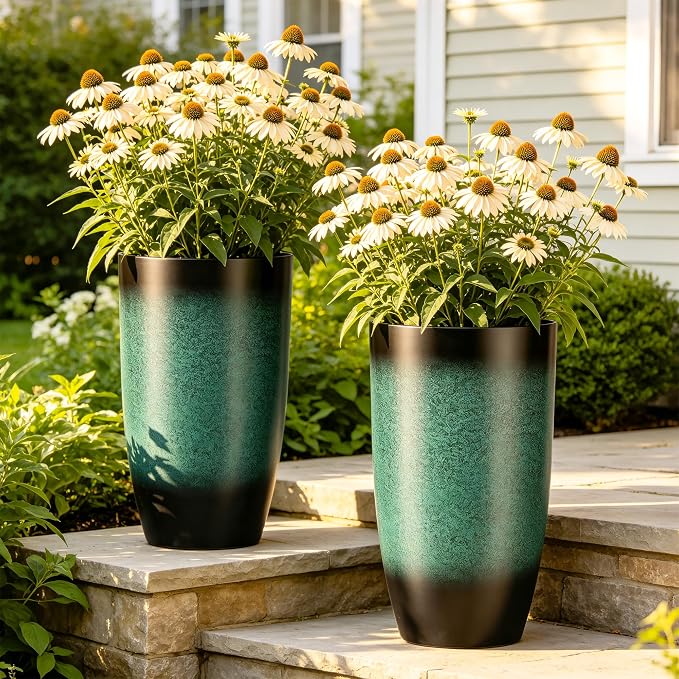 Autodaya 23.8" Tall Outdoor Planters Set of 2, Ceramic-Look Large Plastic Flower Pots with Drainage Holes, Gradient Turquoise Indoor Outdoor Plant Pots for Porch Patio Balcony Garden Home Decor