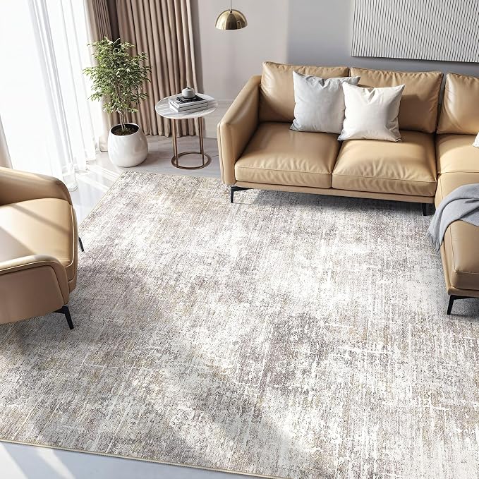 kakania Abstract 12x18 Area Rugs for Living Room: Washable Rugs Brown Gold | Soft, Non-Slip, Low-Pile, Pet & Kid Friendly - Large Modern Home Decor Carpet for Bedroom/Dining Room/Office/Nursery