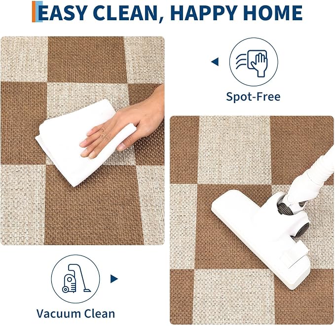 GarveeHome Easy Jute Area Rugs 6x9 for Living Room Non-Slip Backing Checkered Rugs Machine Washable Modern Indoor Outdoor Carpets for Dining Room Nursery Patio Bedroom Backyard Camping Brown
