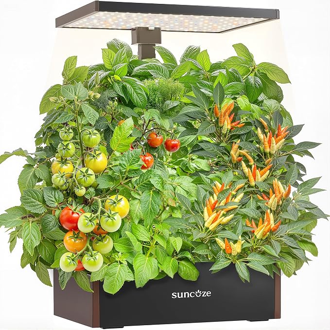 SUNCOZE Hydroponics Growing System 20 Pods, 25" Adjustable Height, 10L Tank | Indoor Garden with 30W Dimmable LED Grow Light, Water & Nutrient Reminder, Quiet Circulation Pump, Black&Brown