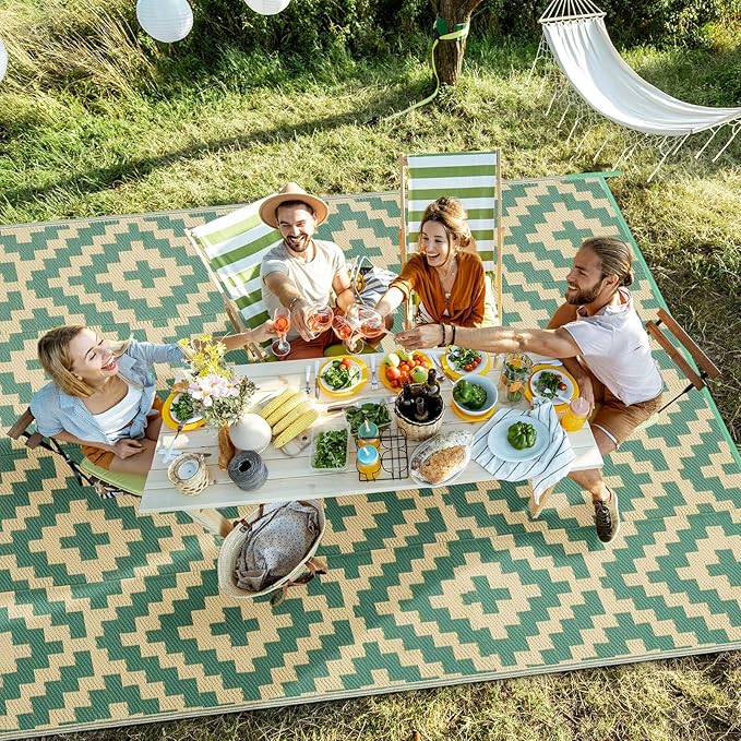 Outdoor Patio Plastic Straw Rug - 9x12 ft Outdoor Camping Rug Waterproof Reversible, Area Carpet Patios RV, Outside Porch Balcony Deck for Camper, Green & Yellow