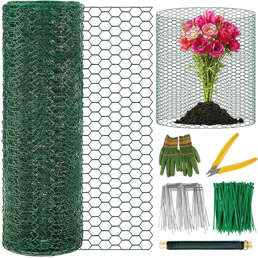 Plant Protectors from Animals, 16.4 x 16In Green PVC Coated Galvanized Chicken Wire Mesh Roll, 0.8mm Free-Cut Plant Cage with Ties, Stakes, Gloves, Pliers & Floral Wire (33Ft*20In)