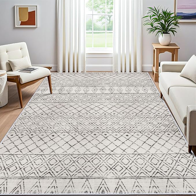 7x9 Geometric Grey Moroccan Washable Rug:Non Slip Area Rug Living Room | Pet Friendly Stain Resistant Modern Boho Carpets with Rubber Backing for Bedroom Soft Low Pile Rug