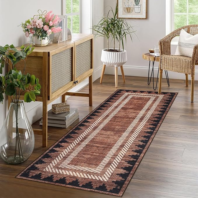 GarveeHome Modern Geometric Runner Rug 2x6 Washable Hallway Runner Rugs Brown Unique Bordered Neutral Bathroom Rug Non Slip, Non Shedding Kitchen Mat, Soft Low Pile Neutral Carpet for Laundry