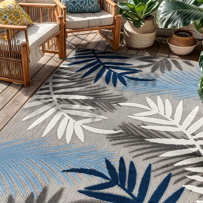 Rugshop Blue Palm Frond Indoor/Outdoor Area Rug Easy Cleaning for Patio, Deck and Balcony, 4' x 6'