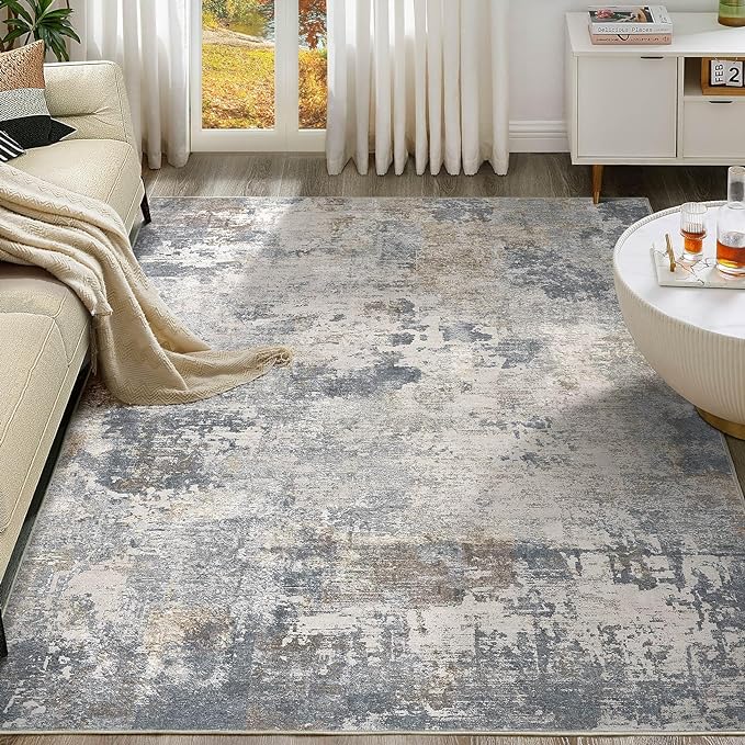 UERMEI 9x12 Area Rug Living Room Rugs - Washable Neutral Modern Abstract Soft Thin Large Rug Indoor Floor No Slip Rug Carpet for Bedroom Under Dining Table Home Office Decor - Blue Grey