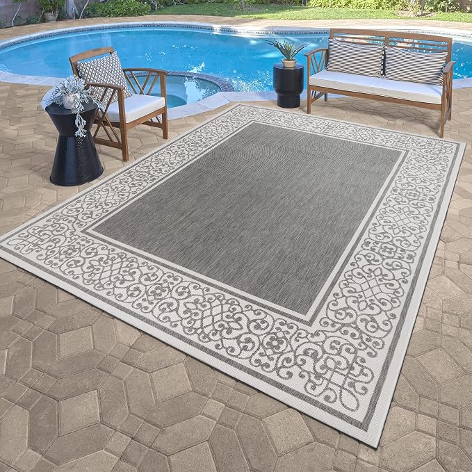 Gertmenian Indoor/Outdoor Flatweave Area Rug - 8x10 Large, Stain & UV Resistant, Ideal For Deck, Patio, Poolside, Mudroom - Abstract Border, Dark Grey White, 22947