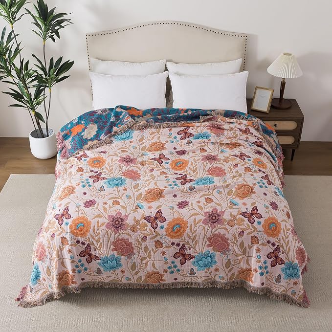 Phuryllic Boho Throw Blanket Queen Size, Soft Cozy Cotton Muslin Quilt Blanket for Bed Decor, Floral Patterned Couch Sofa Chair Cover, Vintage Farmhouse Cottage Tapestry Woven Blanket, Coral&Green