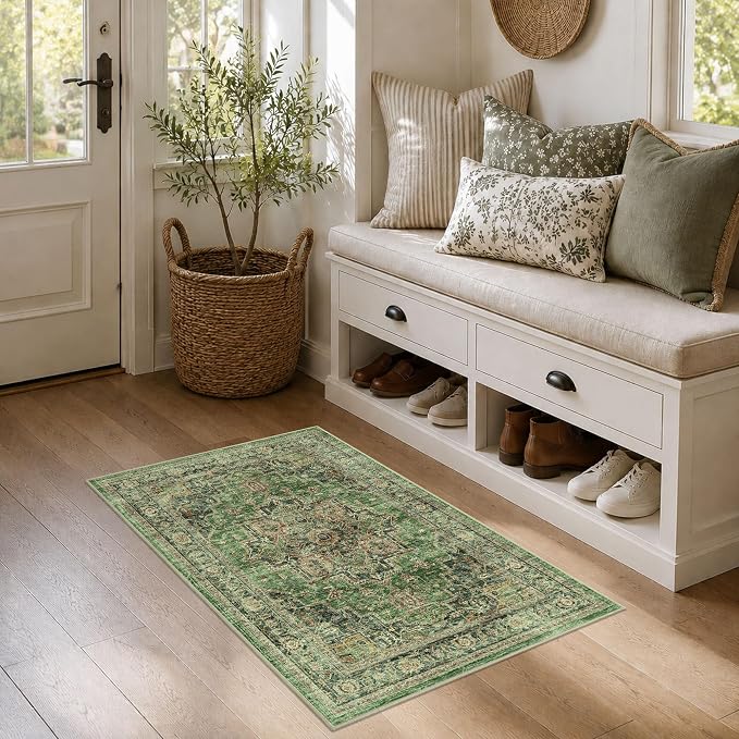 Area Rug 2x3 Entryway Rug Soft Washable Low Pile Vintage Doormat | Non Slip, Low Pile, Lightweight Carpet, Stain-Resistant Small Rug, Vintage Green for Entrance, Kitchen, Bedroom, Living Room