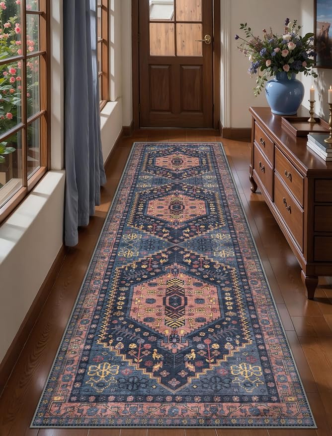 Ciicool Long Washable Runners Area Rug for Hallways,Ultra Soft 2x8ft Carpet | Oriental Non-Slip Thin Indoor Mat Vintage Navy Rugs for Kitchen Entryway Bedroom Bedside Living Room Laundry Bathroom Decor