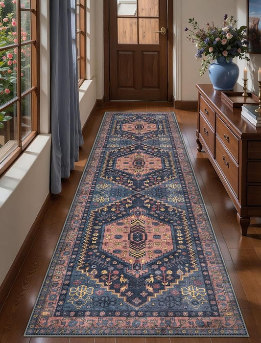 Ciicool Long Washable Runners Area Rug for Hallways,Ultra Soft 2x8ft Carpet | Oriental Non-Slip Thin Indoor Mat Vintage Navy Rugs for Kitchen Entryway Bedroom Bedside Living Room Laundry Bathroom Decor