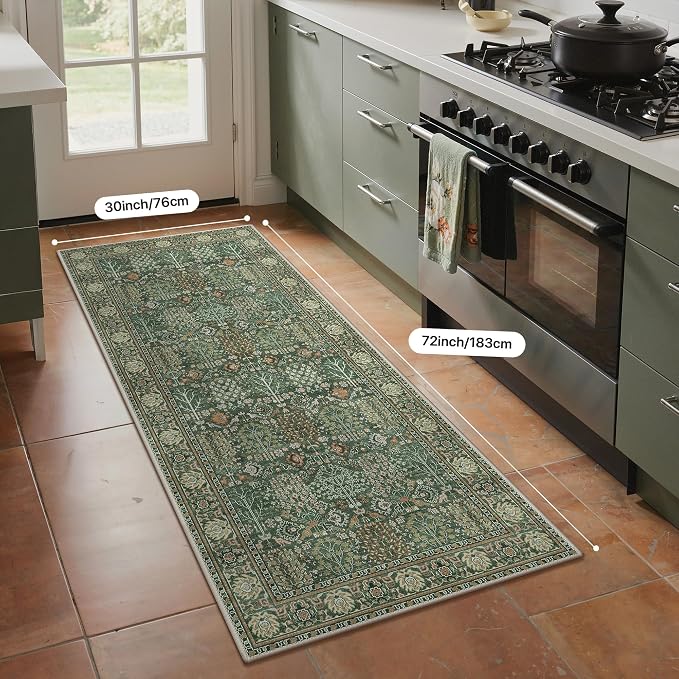2.5x6 Kitchen Runner Rug, Washable Non Slip, Forest Green | Vintage Floral Design, Spill Resistant Lightweight Low Pile Carpet for Hallway, Bedroom, Laundry Room, Bathroom