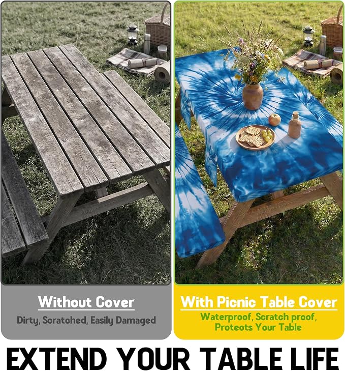 Wrakus Picnic Table Cover with Bench Covers Camping Essentials Windproof Waterproof Patio Outdoor Tablecloth with Storage Bag, Fitted Rectangle Tables and Seats Tablecover for Rv Owner Camper 72in