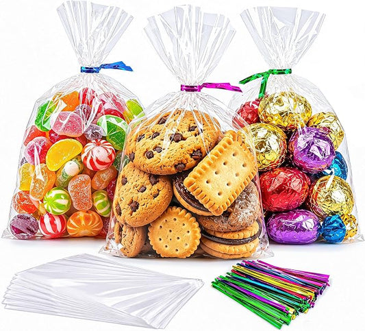 LOKQING Cellophane Bags Plastic Treat Bag Clear Cookie Candy Bags with Twist Ties for Party Favor Bag, Graduation Gift Bags(100 Pack, 5x7inch)