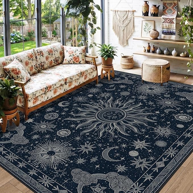 Vacuum-Friendly, 5x7 Washable Area Rug, Blue Gray White | Sun and Moon Boho Gothic Non-Slip Low Pile Living Roon Bedroom Dining Room Kitchen Entry Entryway Entrance Hallway Doormat