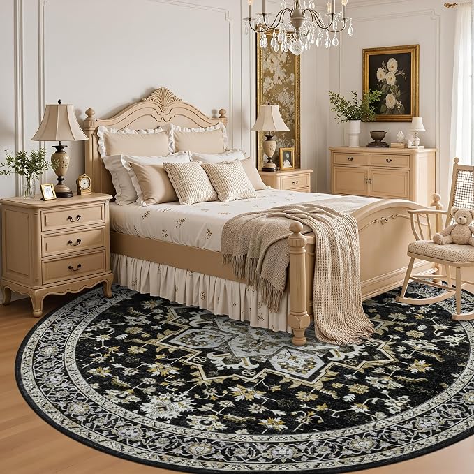 Round Area Rug for Living Room: 4ft Boho Washable Rug Black Gold | Vintage Boho Soft Round Rug Indoor Floor No Slip Carpet Stain Resistant Rugs for Bedroom Dining Room Nursery Home Office