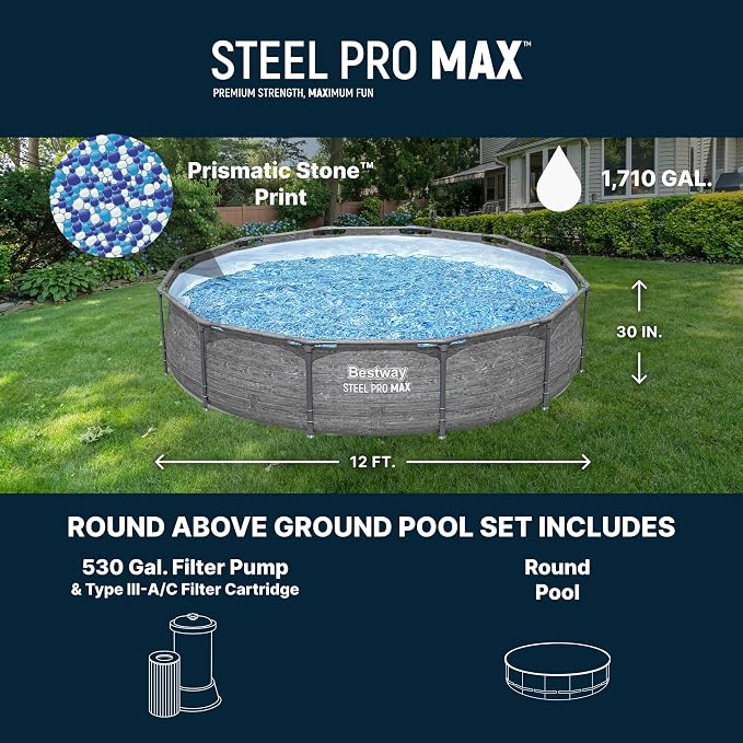 Bestway Steel Pro MAX 12' x 30" Above Ground Swimming Pool Set with Pump | Durable Round Metal Frame Outdoor Backyard Pool, Puncture-Resistant Liner - Filter Pump Included, Stacked Stone Print