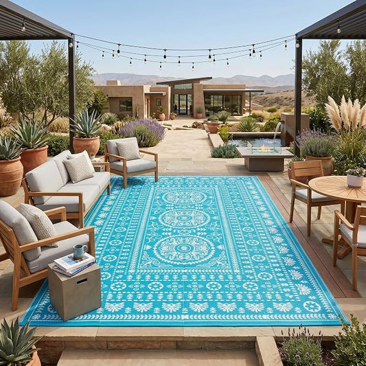 Garvee Reversible Outdoor Rug 8x10 for Patio, Waterproof Outdoor Area Rug, Modern Medallion Indoor Outdoor Rugs, Plastic Straw Rug for RV, Camping, Deck, Vintage Blue