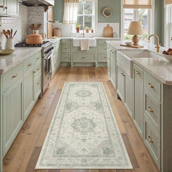 Green 2x6 Washable Runner Rug Kitchen Vintage Oriental Carpet | Soft Low Pile, Non Slip, Stain Resistant, Floral Medallion, Neutral Retro Decor for Entryway, Bathroom, Hallway, Bedroom