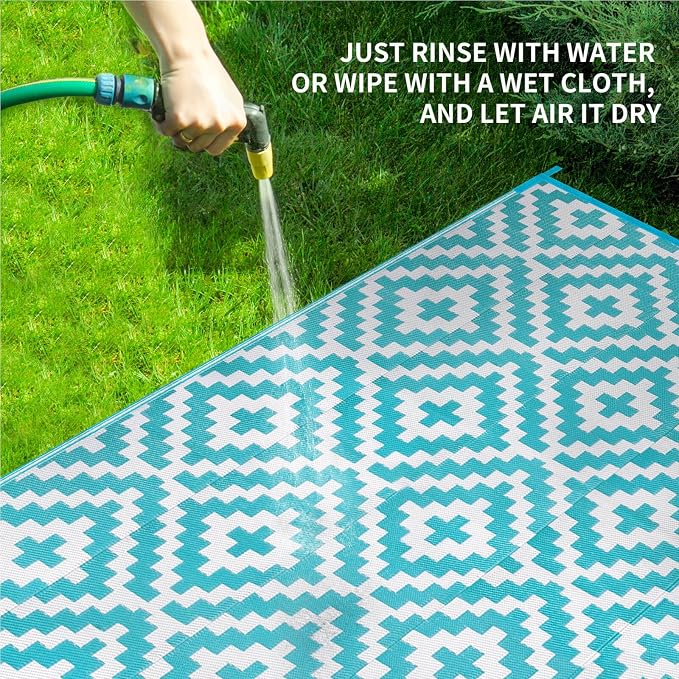 Outdoor Patio Plastic Straw Rug - 8x10 ft Outdoor Camping Rug Waterproof Reversible, Area Carpet Patios RV, Outside Porch Balcony Deck for Camper, Blue & White