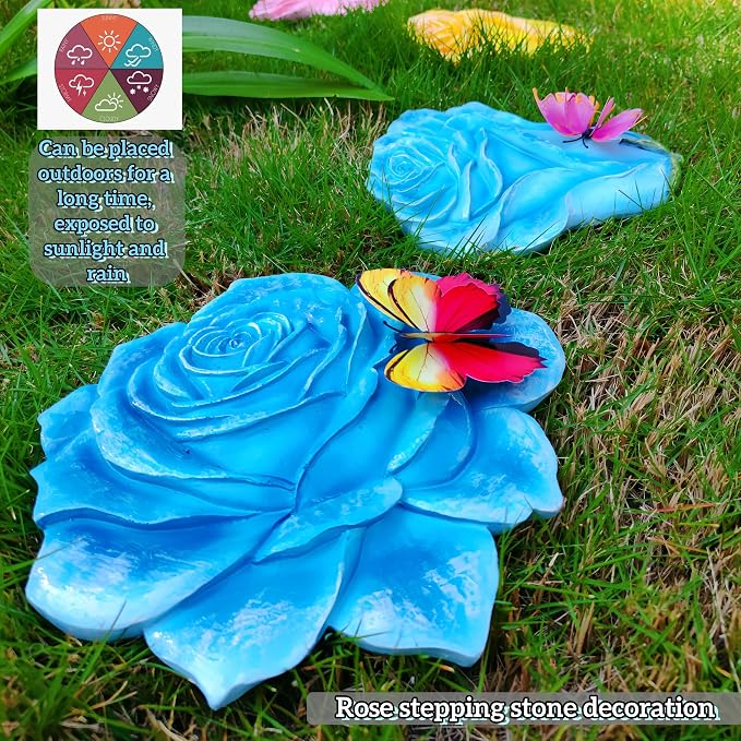 Garden Stepping Stones Outdoor Walkway – Resin Rose Flower Pavers for Path, Lawn & Backyard – Round Decorative Yard Art Decor – Set of 2, Blue