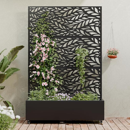 Casaphoria Metal Raised Garden Bed with Trellis and Wheels, 72"x47"x16" Planter Box for Climbing Plants, Vegetables & Vines, Features Drainage Holes and Privacy Screen (Black-Spring)