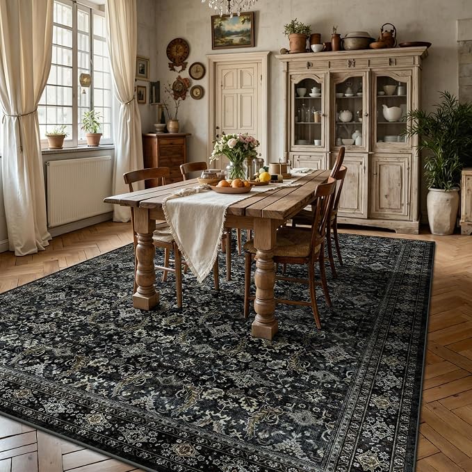6x9 Area Rugs - Washable Vintage Retro Living Room Rug, Soft Ultra Thin Non Slip Low Pile Traditional Distressed Boho Carpet for Bedroom Dining Room Nursery Home Office, Black Gold