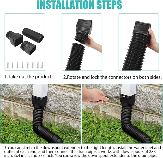 2 Pack Rain Gutter Downspout Extensions Flexible,Downspout Extender Diverter Extendable from 21" to 58". Drain Pipe Connector Extendable for Most Residential Downspouts (Black)