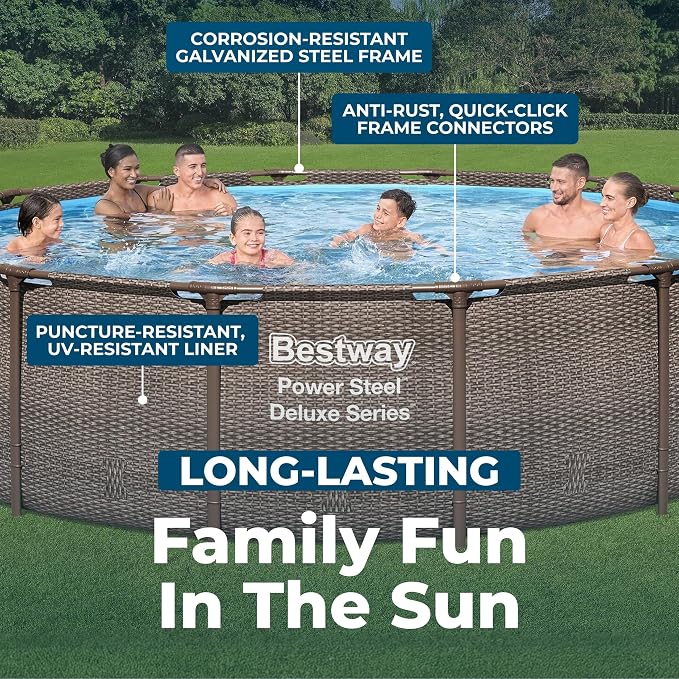Bestway Power Steel 14’ x 42” Above Ground Swimming Pool Set with Pump | Durable Round Metal Frame Outdoor Backyard Pool - Ladder, Cover, and Type III Filter Cartridge Included, Brown Wicker Print