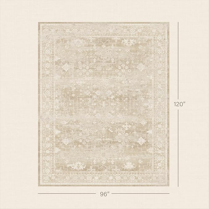 Neutral 8x10 Beige Area Rugs for Bedroom, Living Room, Cottagecore Boho Abstract Distressed Washable Ivory and Champagne Rug for Dining Room, Stain Resistant Low Pile Anti-Slip Ultra Soft