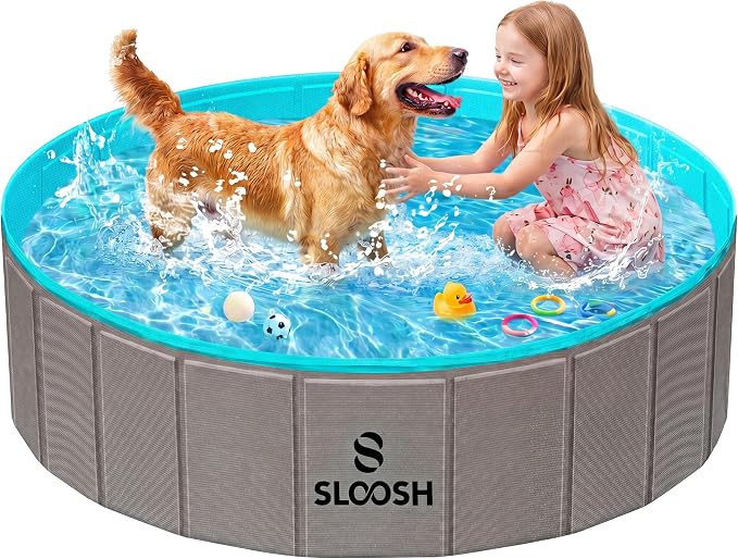SLOOSH Foldable Dog Kiddie Pool - Portable Hard Plastic Doggie Swimming Pool, Anti-Slip Collapsible Pets Bath Tub Suitable for Kids Indoor Outdoor Backyard Use (Grey, 48" x 12")
