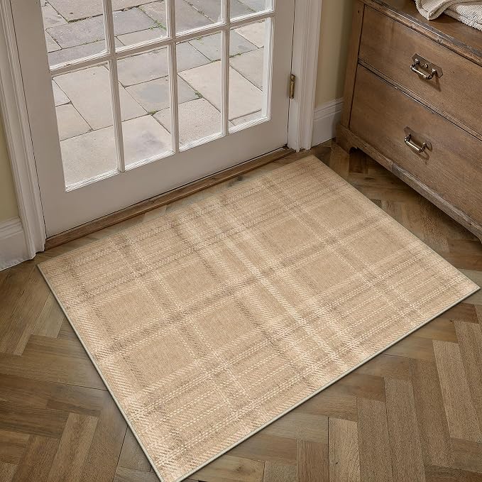 2x3 Brown Plaid Entryway Area Rug | Washable, Low Pile, Modern, Neutral, Soft, Non Slip, Small Carpet for Entrance Bathroom Bedroom Indoor Home Decor