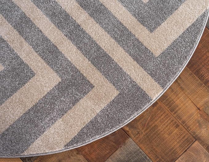 Unique Loom Athens Collection Classic Geometric Modern Border Design Area Rug (8' 0 x 8' 0 Round, Gray/ Beige)