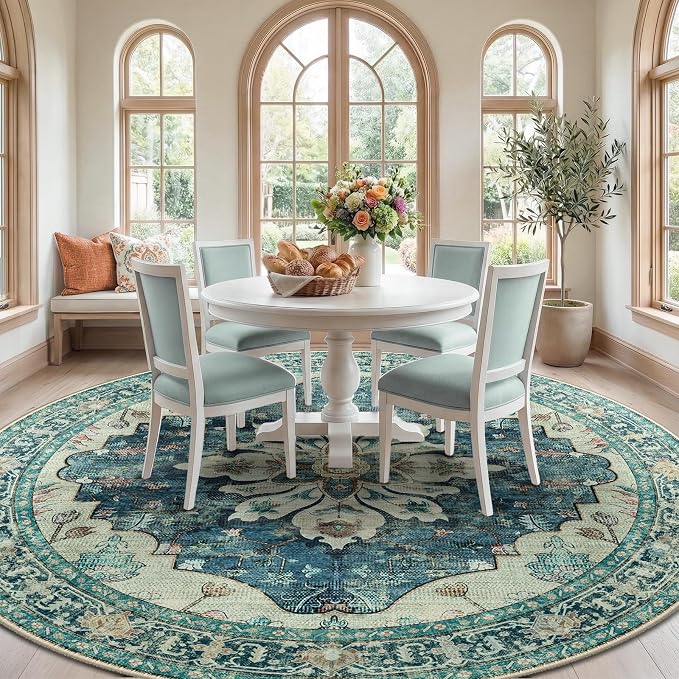 RELEANY Washable Area Rug, Round 10ft, Blue/Vintage Dark Blue | Non-Slip, Water Repellent, Pet Friendly, Easy to Clean, Vintage Floral Boho Decor for Living Room Bedroom Dining Room