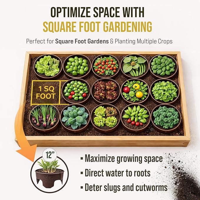 12 Inch Wrap-Around Adjustable Planting Grow Rings | 12 Pack | Brown | Install Around Existing Plants | Square Foot Gardening | Trimmer Protection and Mulch Barrier | Heavy Duty | Made in USA