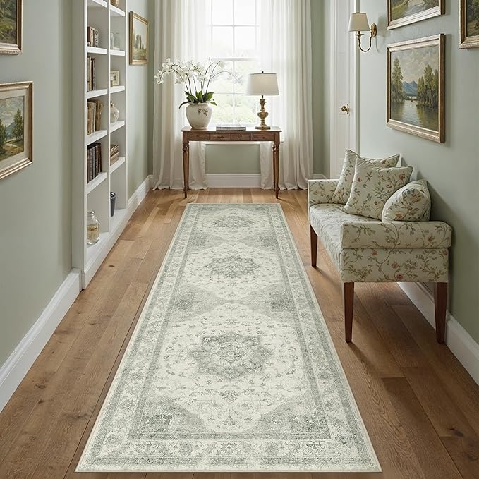 Green 2x8 Washable Runner Rug Kitchen Vintage Oriental Carpet | Soft Low Pile, Non Slip, Stain Resistant, Floral Medallion, Neutral Retro Decor for Entryway, Bathroom, Hallway, Bedroom