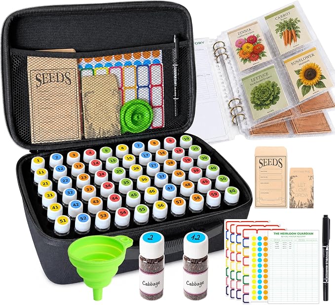 Volitaous 60-Slot Seed Storage Organizer Box with Seed Binder | Seed Containers Storage & Tracking, with 30-Pockets Seeds Binder, For Flower/Vegetable/Plants/Garden Seeds