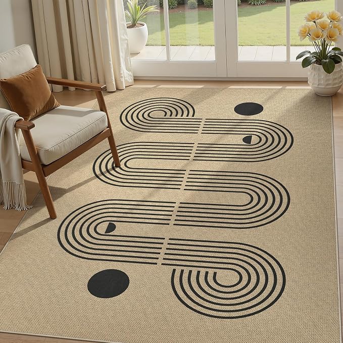 UERMEI 5x7 Outdoor Jute Area Rug Patio Neutral Washable Geometric Brown | Easy Non Slip Pet Friendly Indoor Farmhouse Carpet for Living Room Bedroom Dining Backyard