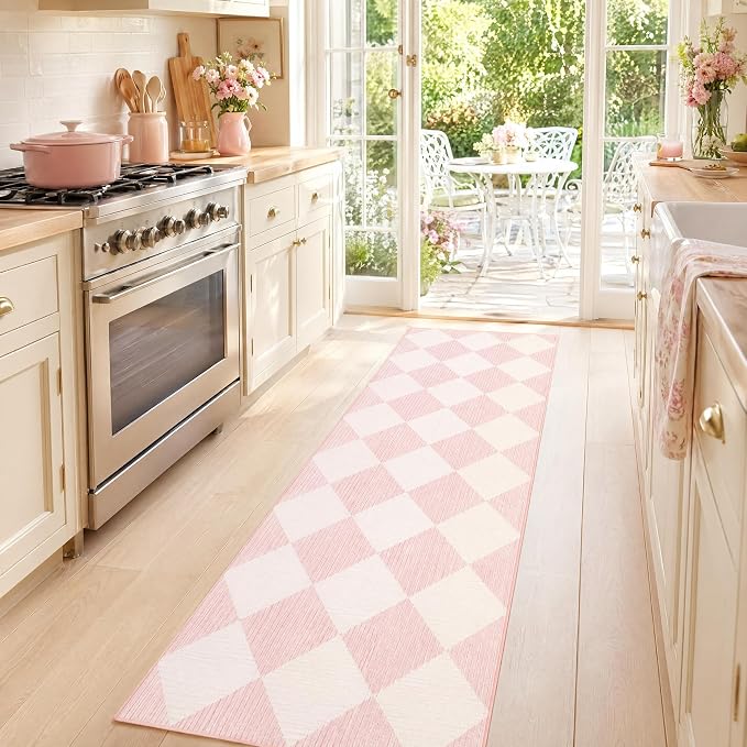 GarveeHome Checkered Long Hallway Runner Rug 2.5x10 Pink Kitchen Rug | Non Slip Soft Diamond Print Entryway Rug Thin Laundry Mat Stain Resistant Carpet for Bedroom Bathroom Beside