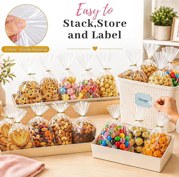 LOKQING Clear Cellophane Treat Bags 6 x 10 in, 100 Pack Gift Bag with Twist Ties, Bags for Cookies, Candy, Party Favors, Bakery Packaging and Graduation Gift Bags
