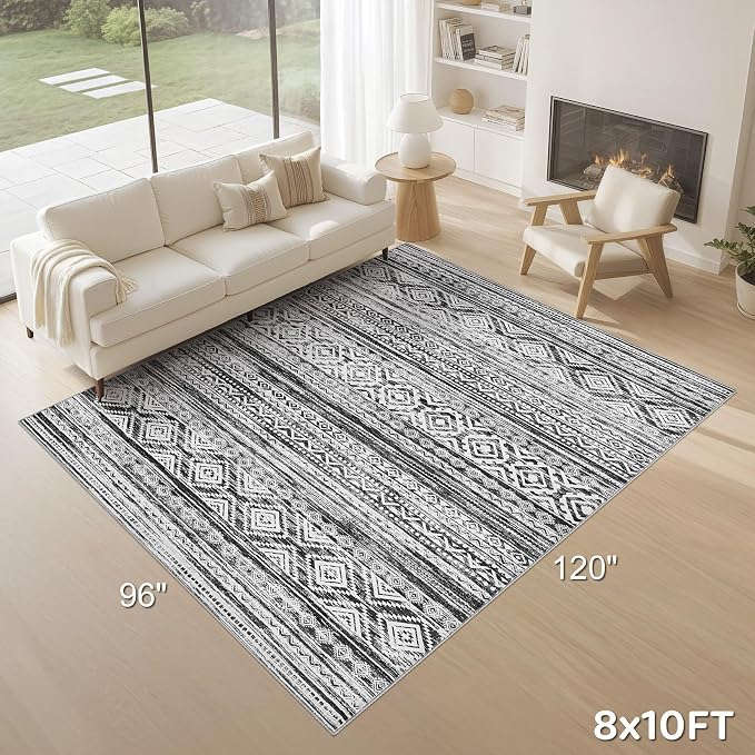 cotiled Boho 8x10 Area Rugs for Living Room: Large Moroccan Washable Rug | Modern Neutral Stain Resistan Carpet for Bedroom Farmhouse White Black