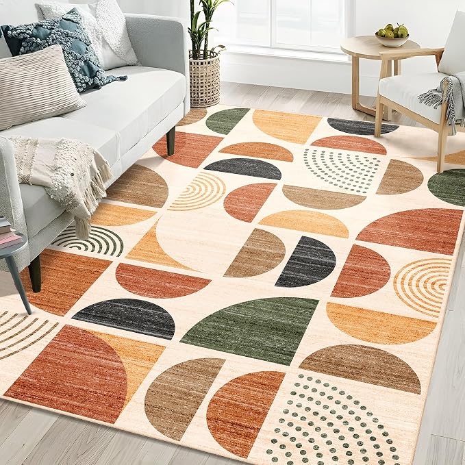 5x7 Area Rugs Washable,Boho Rugs Non Slip Modern Abstract Large | Throw Carpet for Living Room Bedroom Dining Room Soft Low Pile Floor Indoor Bohemian Terracotta