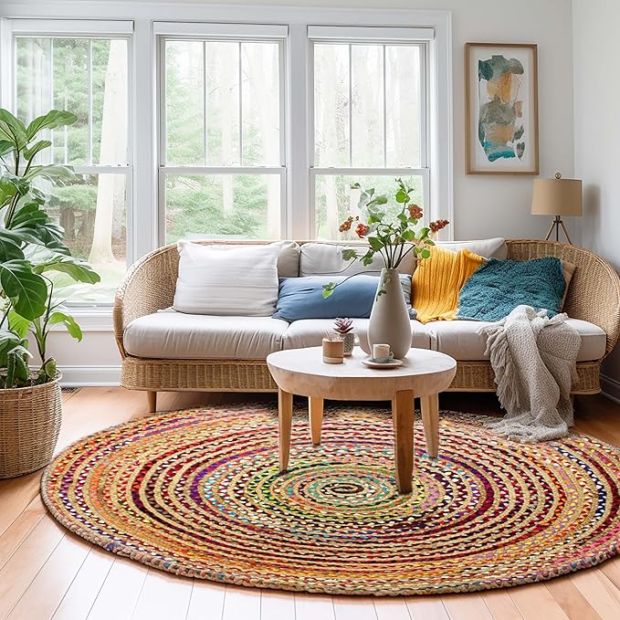 COTTON CRAFT Jute Chindi Braid Rag Rug - 8 Feet Round Multi Color Area Rug | Handwoven Reversible Jute & Natural Recycled Cotton Boho Farmhouse Rustic Area Accent Rug - Living Room Carpet Home Décor