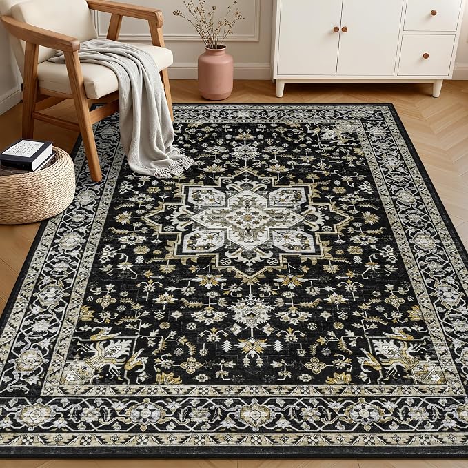 3x5 Area Rugs Living Room: Washable Rug for Bedroom Black Gold | Boho No Slip Stain Resistant Rug Soft Indoor Decor Floor Floral 3x5 Area Rugs for Dining Room, Nursery, Hallway, Home Office