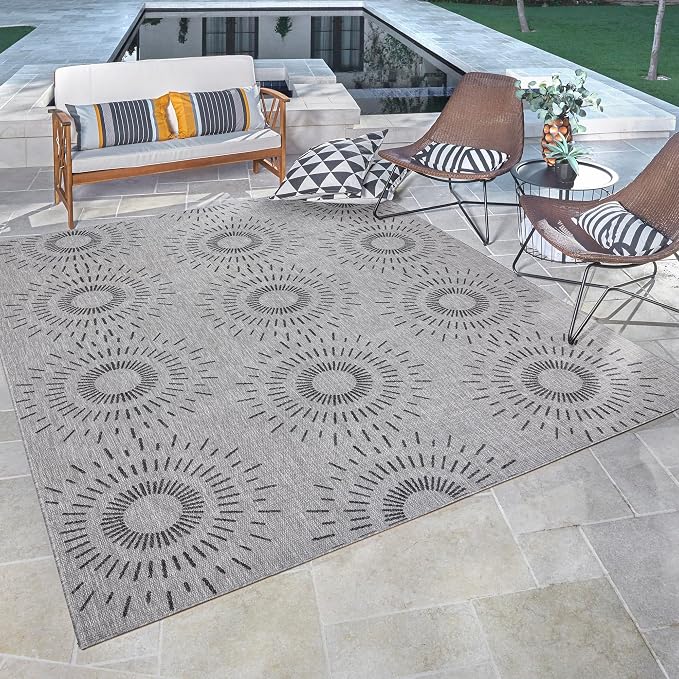 Gertmenian Indoor Outdoor Modern Area Rug - 6x9 Medium, Stain Resistant, Ideal for High Traffic in Living Room, Bedroom, Patio - Geometric, Grey, 32459