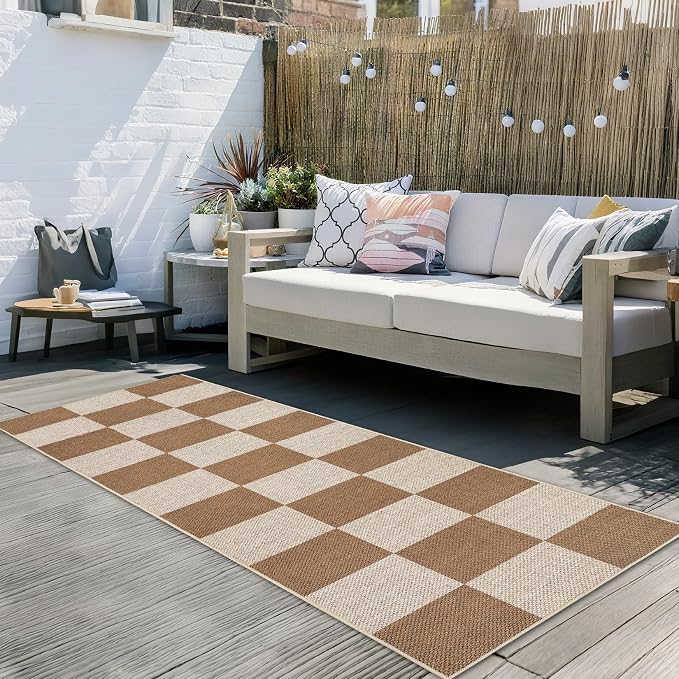 GarveeHome Easy Jute Rugs 2x8 Checkered Kitchen Runner Rugs Non Skid Washable Stain Resistant Indoor Outdoor Rugs for Living Room, Bedroom, Dining, Patio - Farmhouse Style Brown