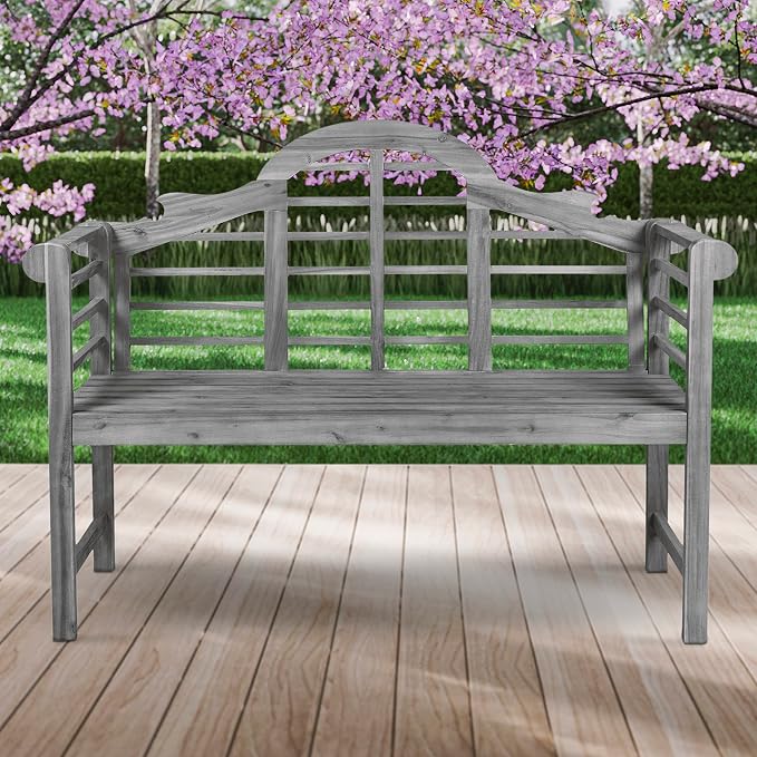JONATHAN Y Lutyens 51" Acacia Wood Outdoor Bench, 2-Person Garden Bench with Arched Slatted Back and Armrests for Patio, Porch, Backyard, 600 lbs Capacity, Gray Finish BNH103B