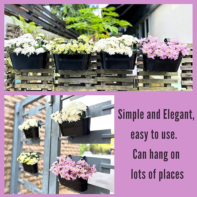LaLaGreen Outdoor Rail Planter Plants (4 Pack, 11.2 Inch) Black Metal Iron Hanging Flower Pots Deck Railings Fence Buckets Modern Boho Style Wall Mount Window Box Plant Holder with Hooks Porch Decor