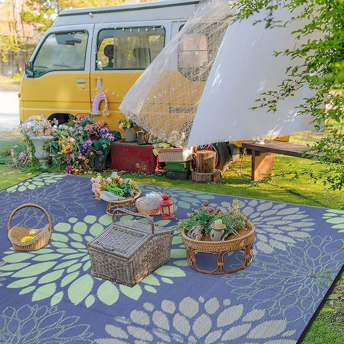 Ileading Waterproof Outdoor Rug 9x12, Reversible Plastic Straw Patio Rug, Portable Indoor Outdoor RV Camping Mat Carpet for Deck, Porch, Balcony, Backyard, Picnic, Floral Navy Blue